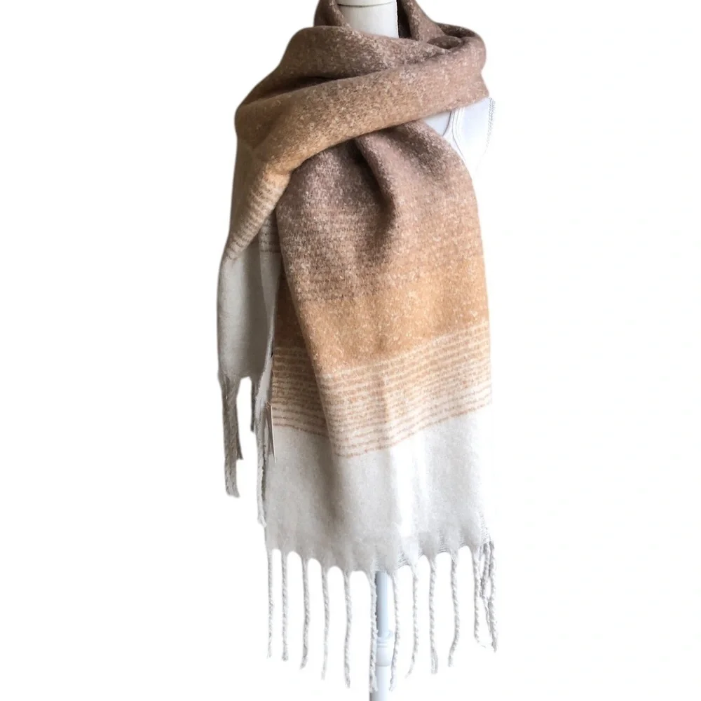 Beige and White Fringed Scarf Ombré Stripe